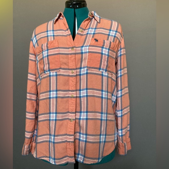 Abercrombie and Fitch flannel plaid shirt dark peach with blue M Medium - Picture 1 of 3